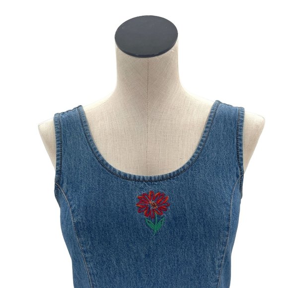 90s Denim Floral Embroidered Mini-Dress Small - Picture 3 of 9